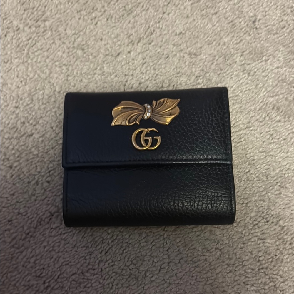 Gucci Black Wallet with Gold Bow Accent